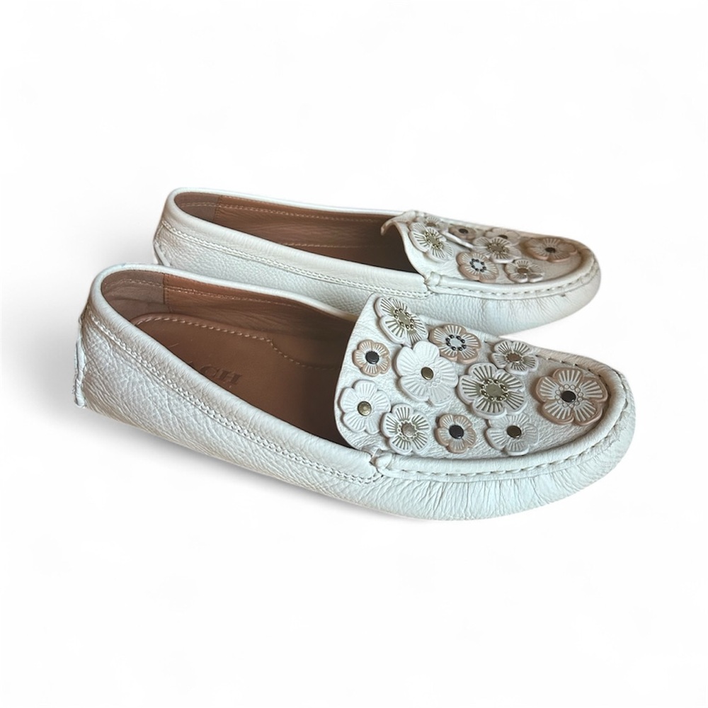Coach White Floral Appliqué Leather Loafers - Picture 3 of 7